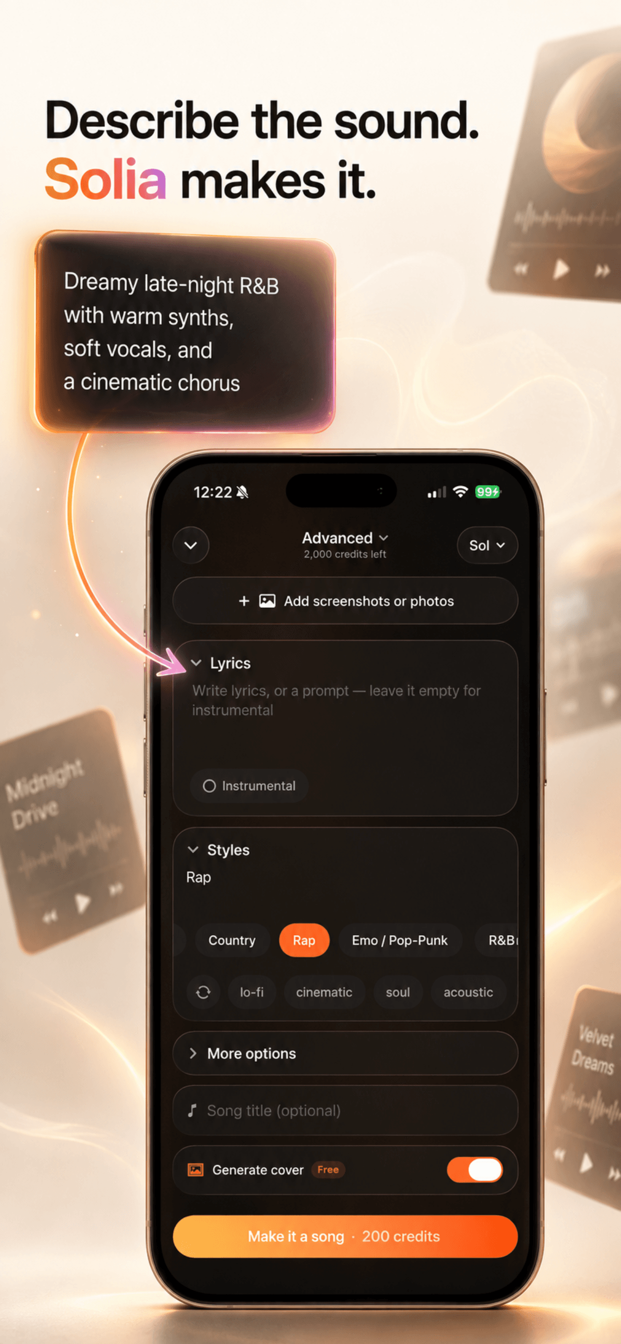 Solia's create screen with a written prompt and a row of genre chips