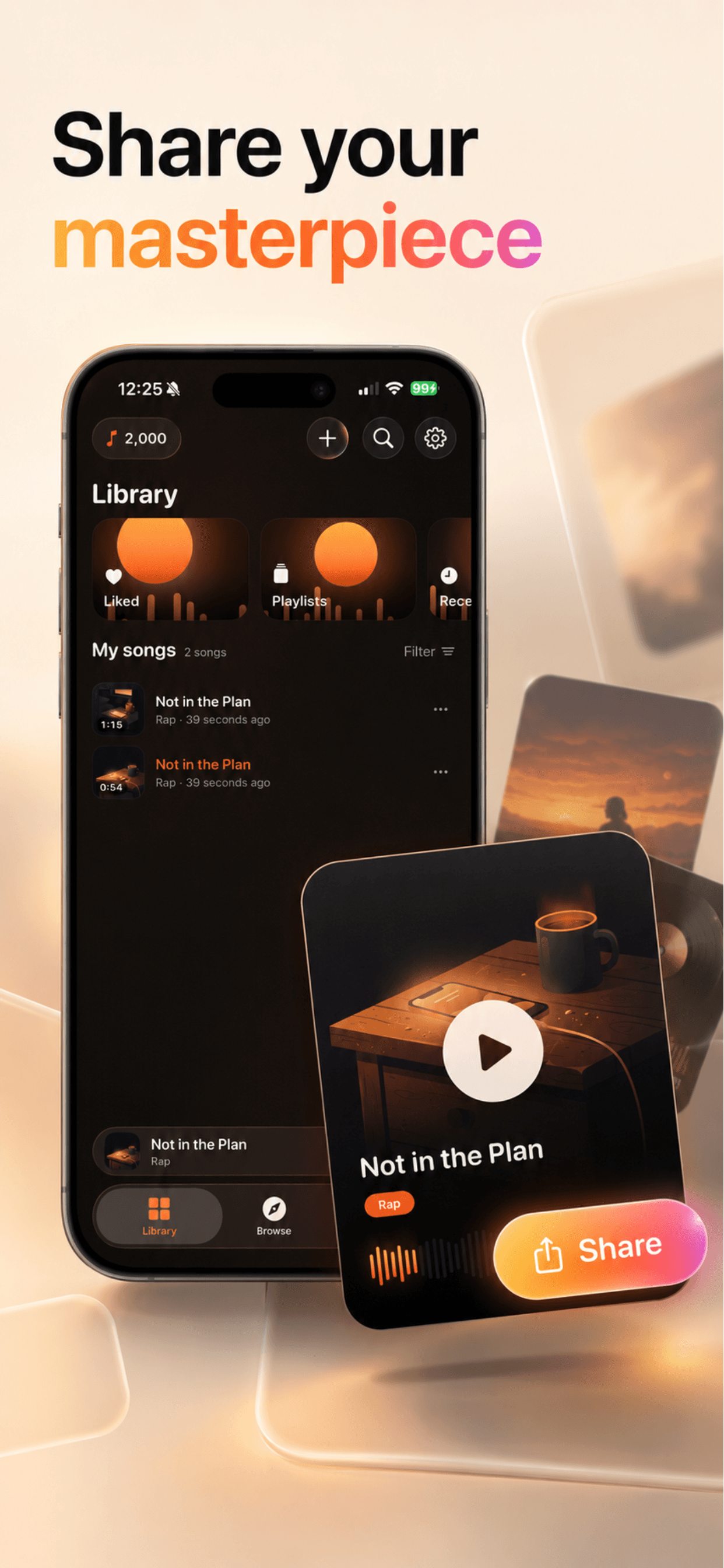 The Solia library showing saved songs with cover art and a share button